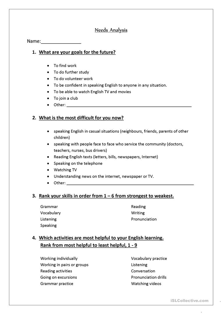 Needs Analysis - English ESL Worksheets for distance learning and  Throughout Information Needs Analysis Template For Information Needs Analysis Template