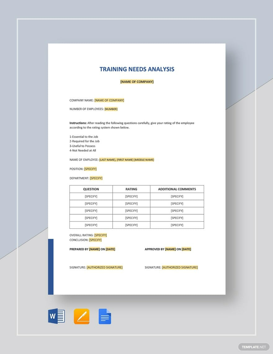 Needs Analysis Template - 11+ For (Word, Excel, PDF) Intended For Training Needs Analysis Template Form With Regard To Training Needs Analysis Template Form