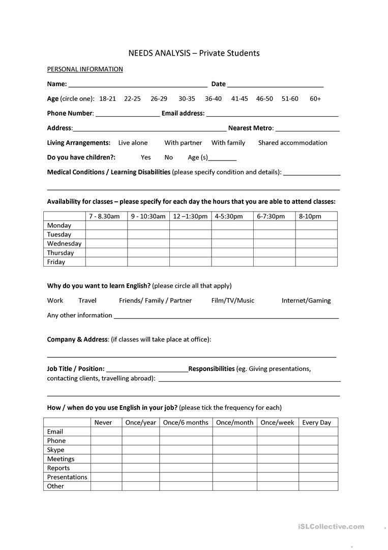 Needs Analysis Template - Private Students - English ESL  With Information Needs Analysis Template Within Information Needs Analysis Template