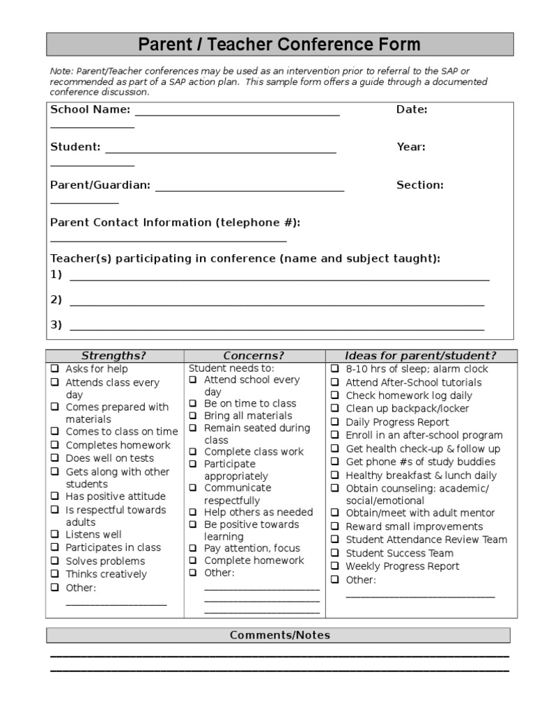 Parent Teacher Conference Form  Homework  Teachers In Parent Teacher Conference Checklist Template With Parent Teacher Conference Checklist Template