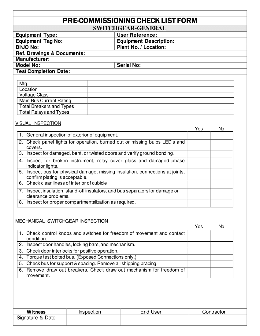 PDF) PRE-COMMISSIONING CHECK LIST FORM SWITCHGEAR-GENERAL Intended For Equipment Commissioning Checklist Template Pertaining To Equipment Commissioning Checklist Template