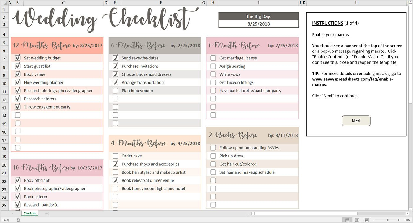 Peachy Wedding Checklist - Excel Template – Savvy Spreadsheets With Regard To Wedding Photo Checklist Template Regarding Wedding Photo Checklist Template