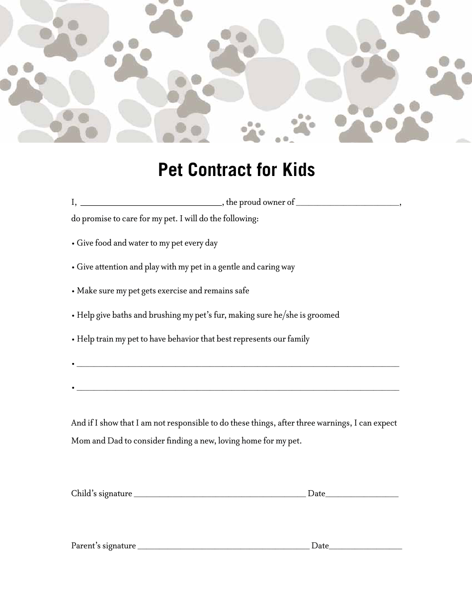 Pet Contract Template for Kids Download Printable PDF  Templateroller With Pet Sitter Checklist Template Regarding Pet Sitter Checklist Template