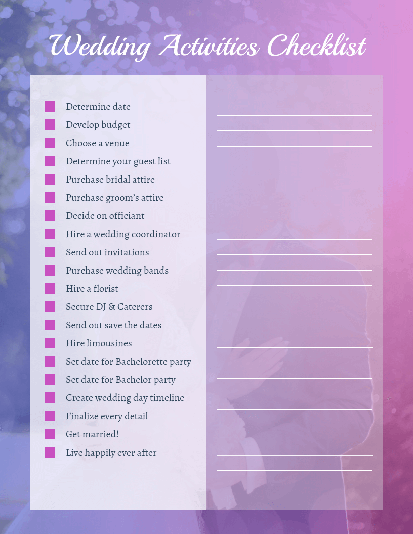 Pink Gradient Wedding Checklist Template Within Wedding Dj Checklist Template Pertaining To Wedding Dj Checklist Template