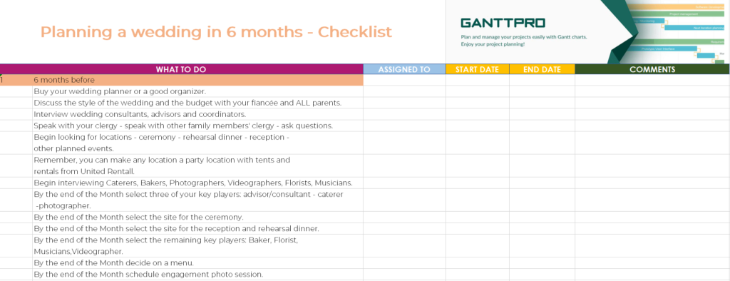 Planning a wedding in 11 months checklist  Excel Template  Free  Throughout Project Planning Checklist Template