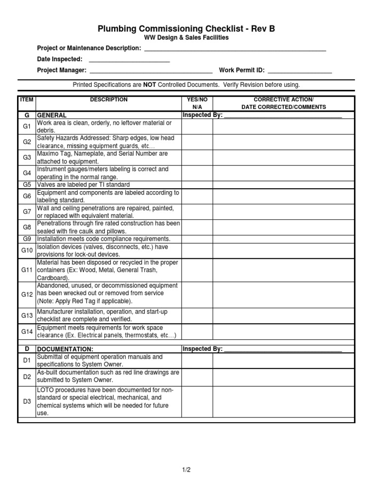 Plumbing Commissioning Checklist  Plumbing  Pipe (Fluid Conveyance) Throughout Equipment Commissioning Checklist Template With Equipment Commissioning Checklist Template