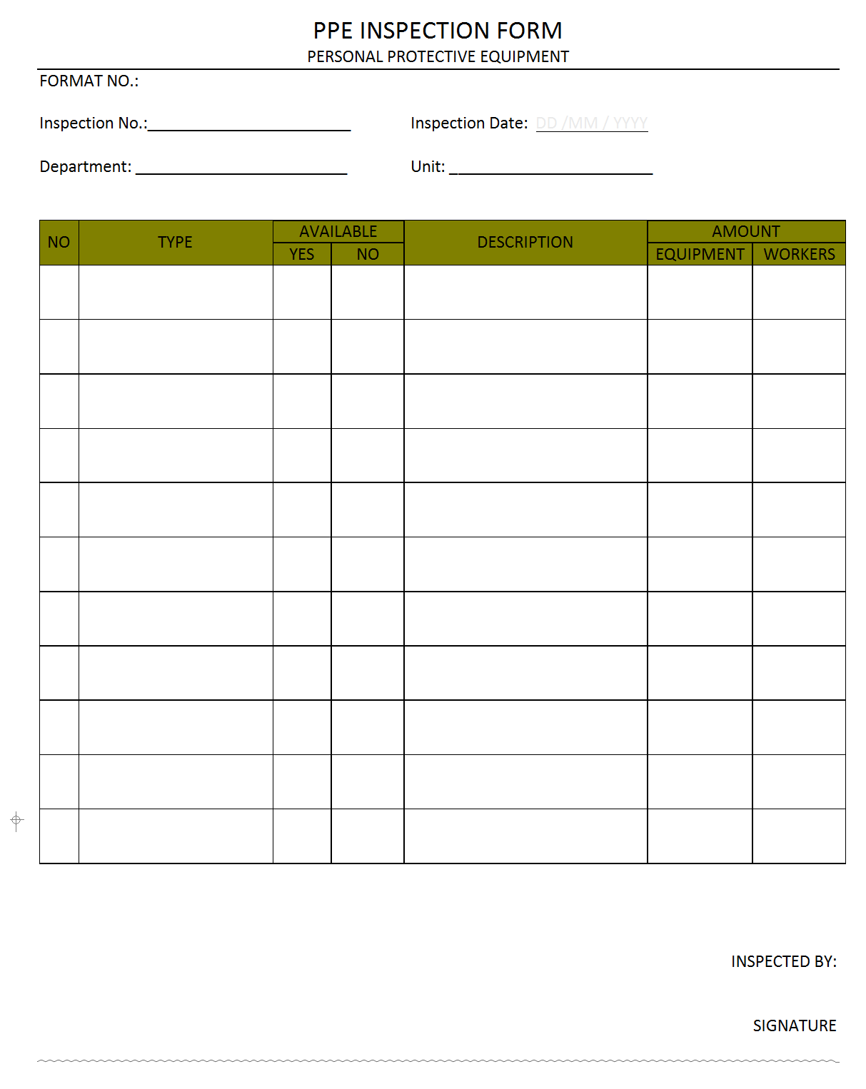 PPE Inspection form - For Equipment Inspection Checklist Template For Equipment Inspection Checklist Template