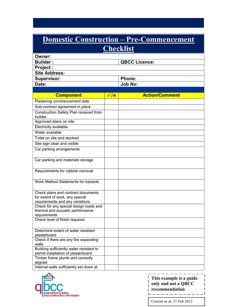Pre-Commencement Checklist In Pre Construction Checklist Template Throughout Pre Construction Checklist Template