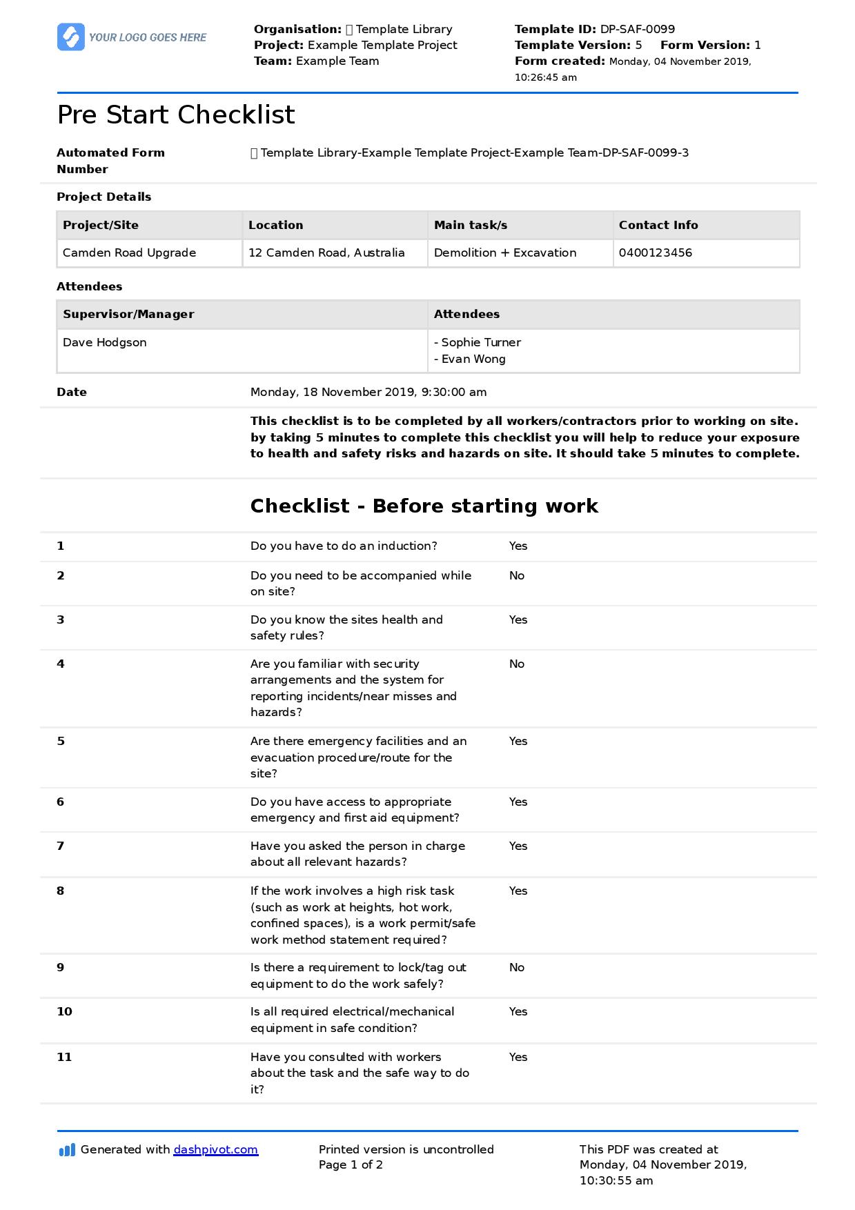 Pre Start Checklist template (Free & editable for any pre start) Within Pre Construction Checklist Template Inside Pre Construction Checklist Template