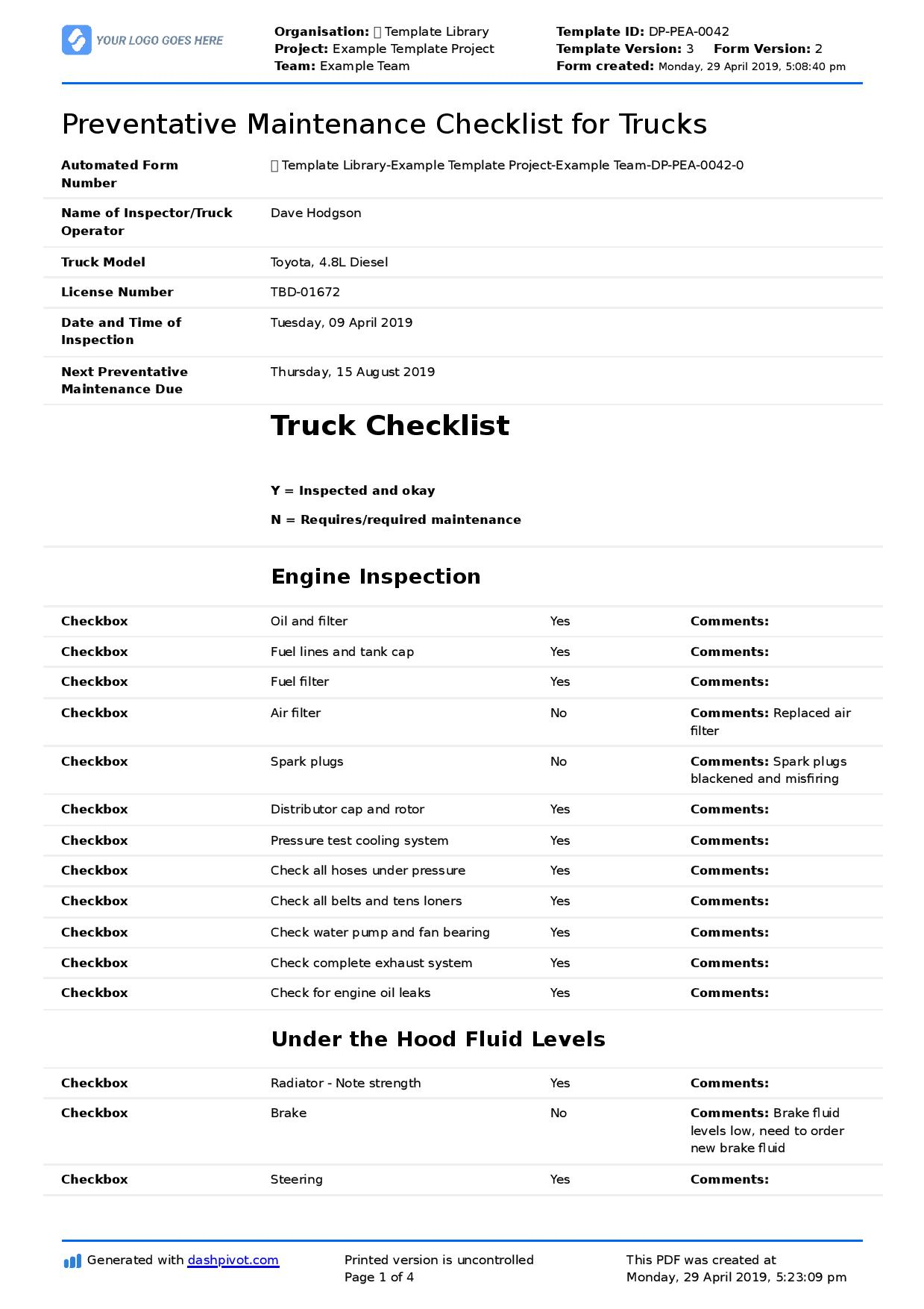 Preventative Maintenance Checklist for Trucks (Diesel trucks, semi  For Truck Maintenance Checklist Template Regarding Truck Maintenance Checklist Template