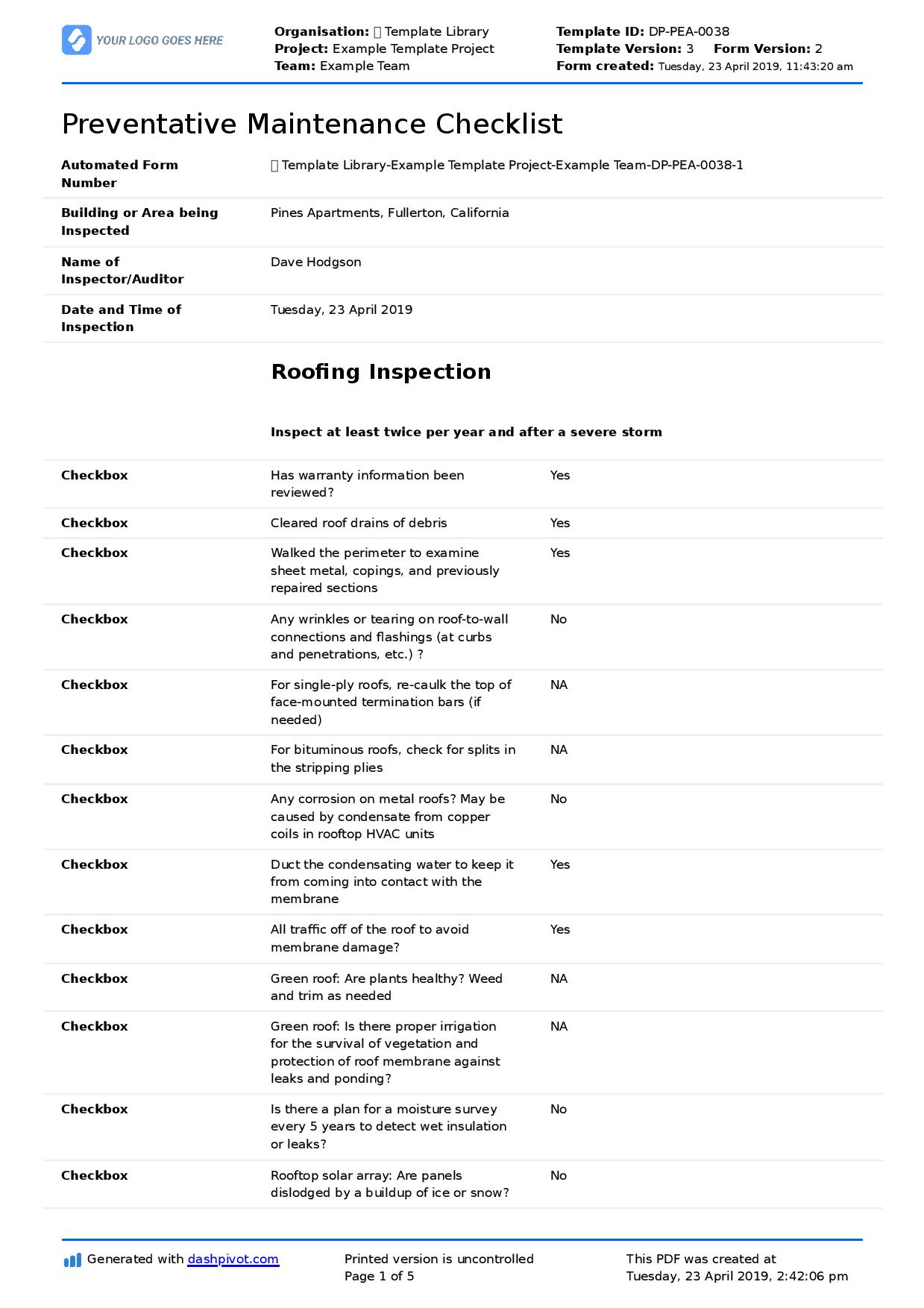 Preventative Maintenance Checklist template (Better than PDF, excel) Inside Maintenance Inspection Checklist Template Within Maintenance Inspection Checklist Template
