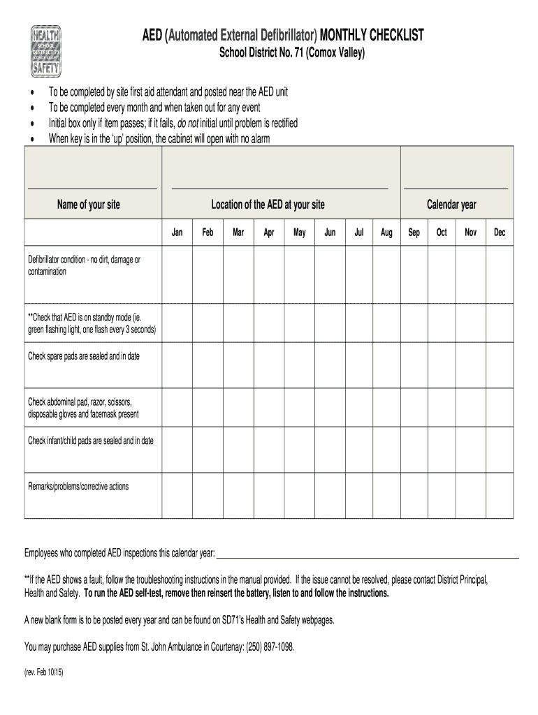 Printable Aed Monthly Checklist - Fill Online, Printable, Fillable, Blank   pdfFiller Pertaining To Monthly Inspection Checklist Template Pertaining To Monthly Inspection Checklist Template