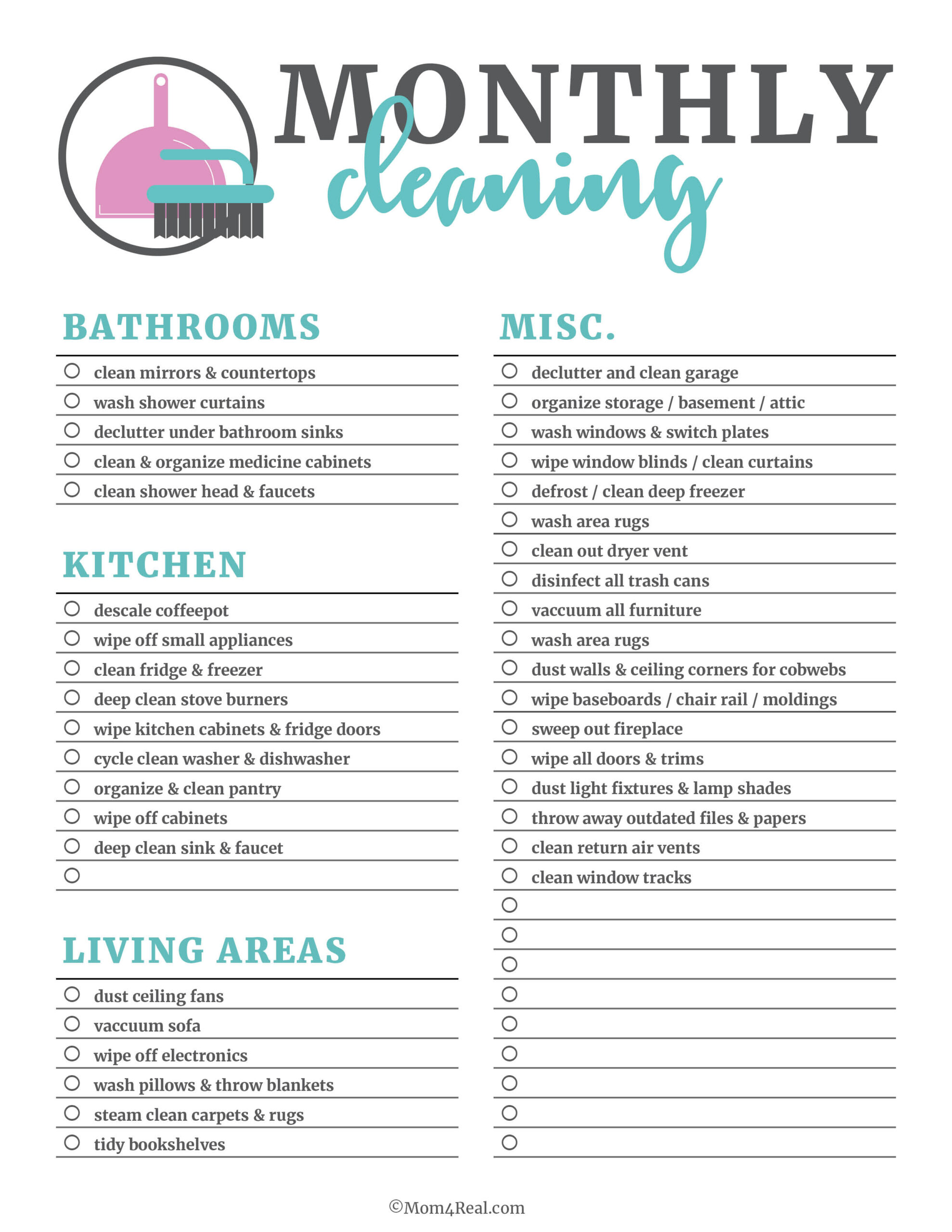 Printable Cleaning Checklists for Daily, Weekly and Monthly Cleaning With Deep Cleaning Checklist Template Inside Deep Cleaning Checklist Template