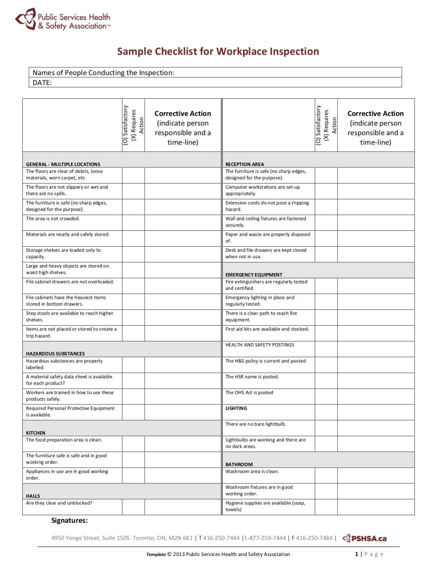 Public Services Health and Safety Association  Sample Workplace  Throughout Monthly Inspection Checklist Template Throughout Monthly Inspection Checklist Template