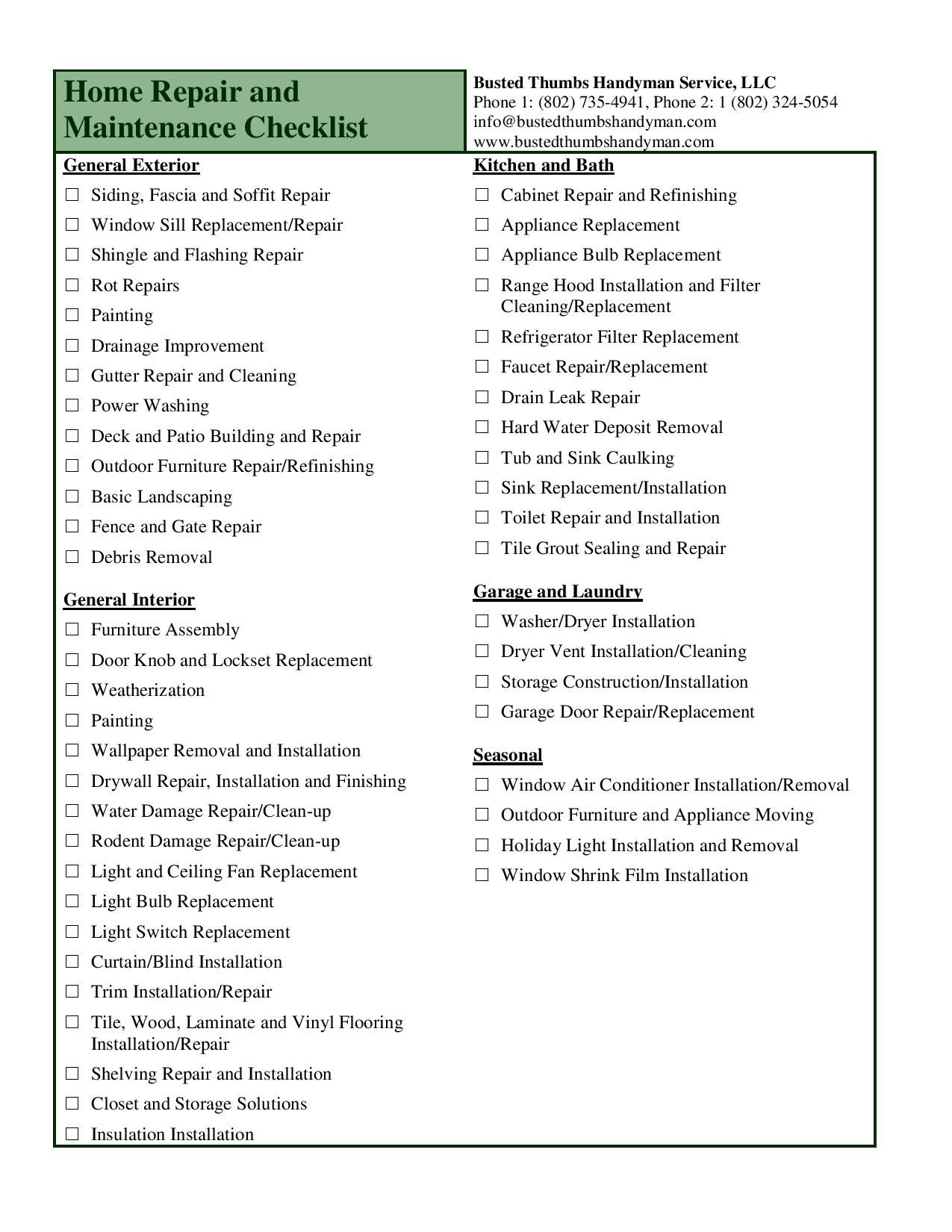 Repair and Maintenance - Busted Thumbs Handyman Service providing  Intended For House Renovation Checklist Template Pertaining To House Renovation Checklist Template