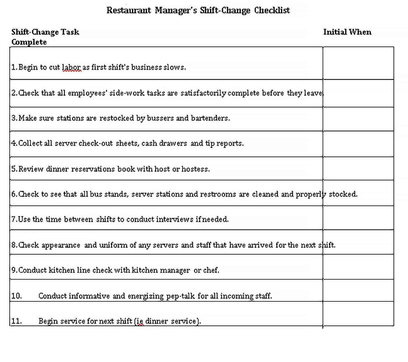 Restaurant Checklist Template  With Restaurant Side Work Checklist Template For Restaurant Side Work Checklist Template