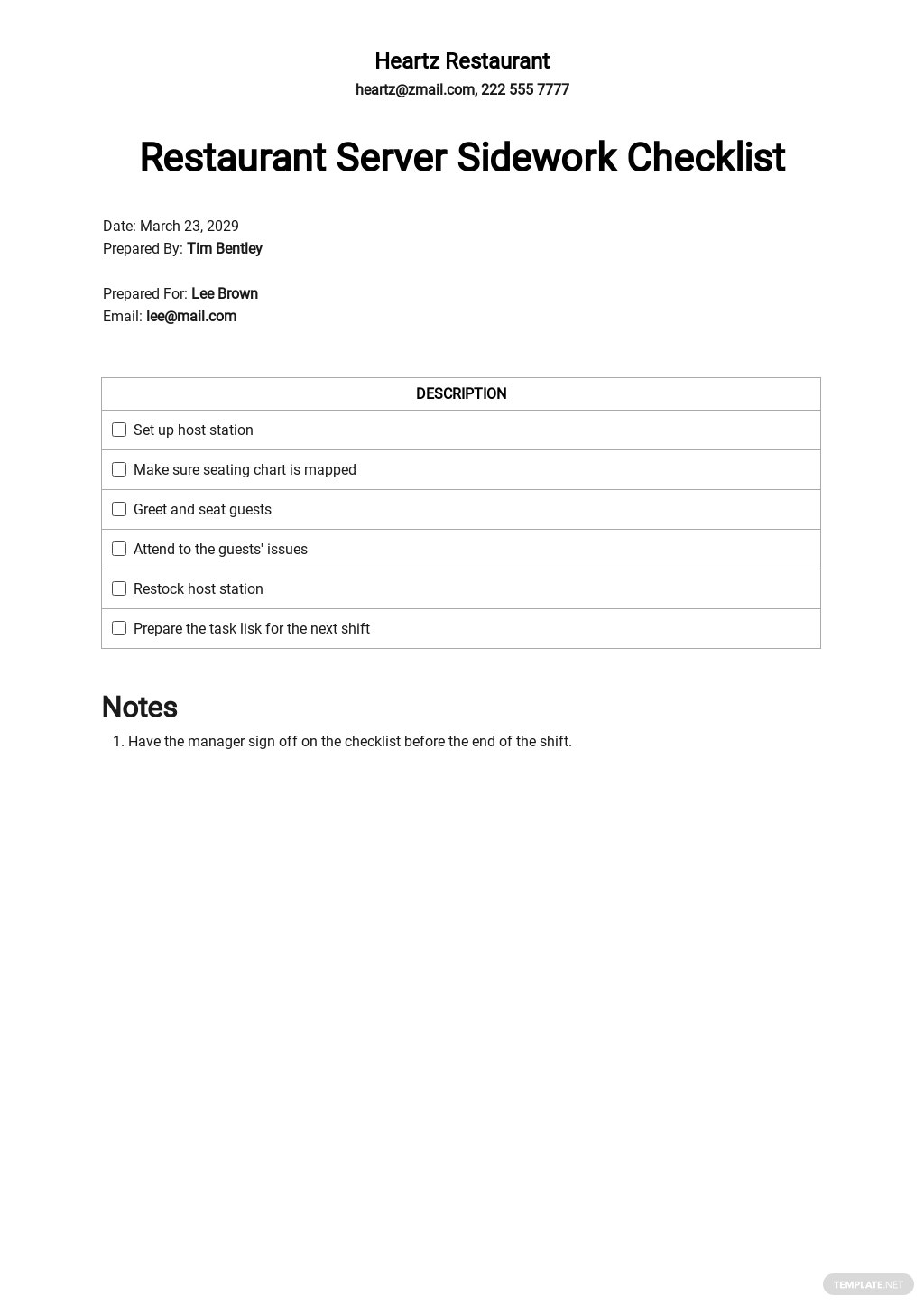 Restaurant Server Sidework Checklist Template [Free PDF] - Google  Within Restaurant Side Work Checklist Template Intended For Restaurant Side Work Checklist Template
