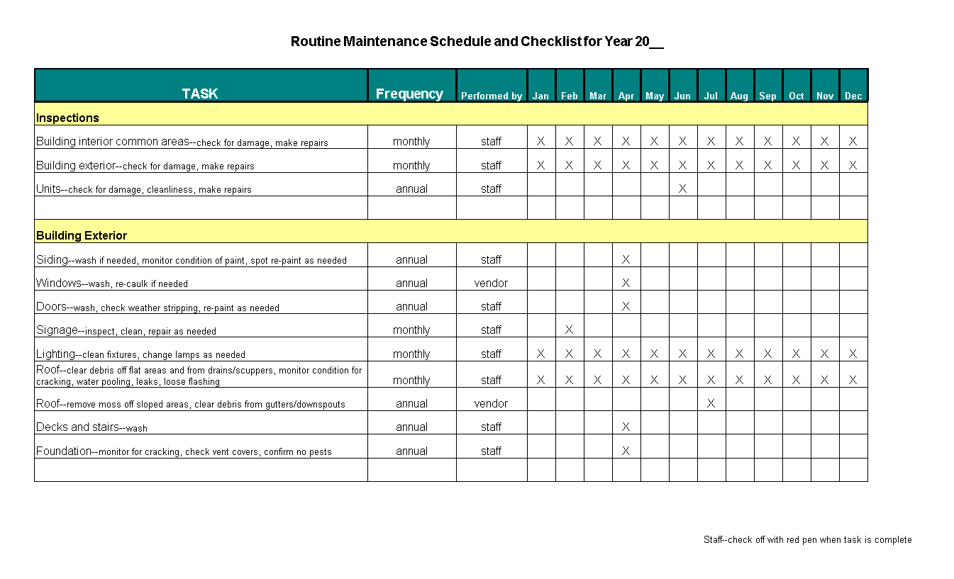 免费Routine Maintenance Schedule Checklist  样本文件在  Intended For Facility Maintenance Checklist Template Within Facility Maintenance Checklist Template