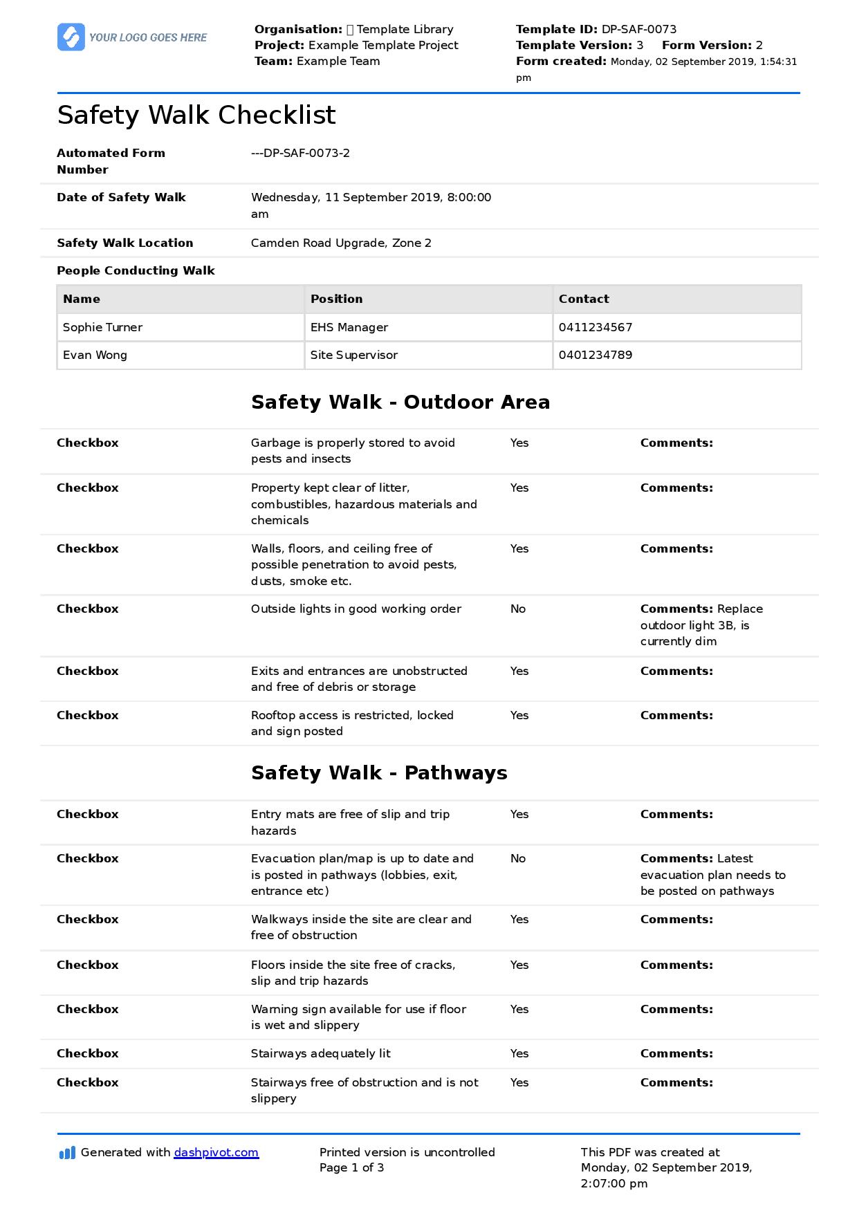 Safety Walk Checklist (Free & editable for any safety walkthrough) For Walk Thru Checklist Template Pertaining To Walk Thru Checklist Template