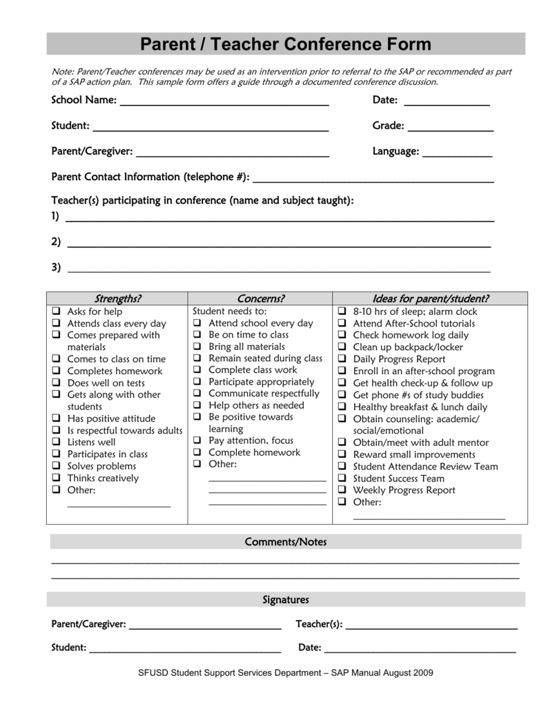 Sample Parent / Teacher Conference Form With Parent Teacher Conference Checklist Template With Parent Teacher Conference Checklist Template