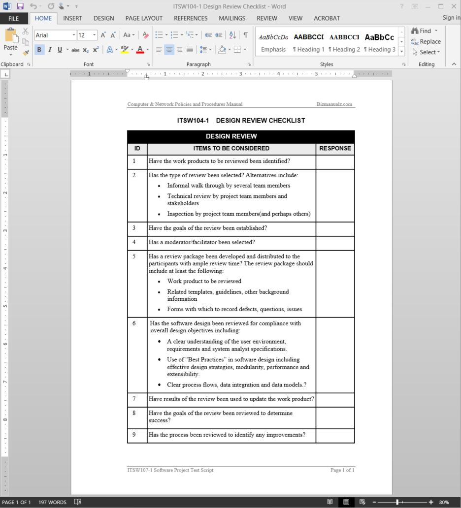 Software Design Review Checklist Template  ITSW1111-11 With Technical Checklist Template Intended For Technical Checklist Template