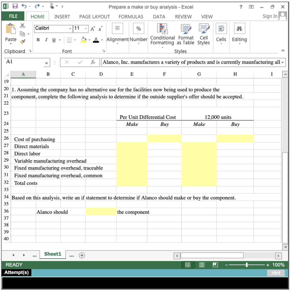 Solved: Prepare A Make Or Buy Analysis. XUS . For Make Vs Buy Analysis Excel Template