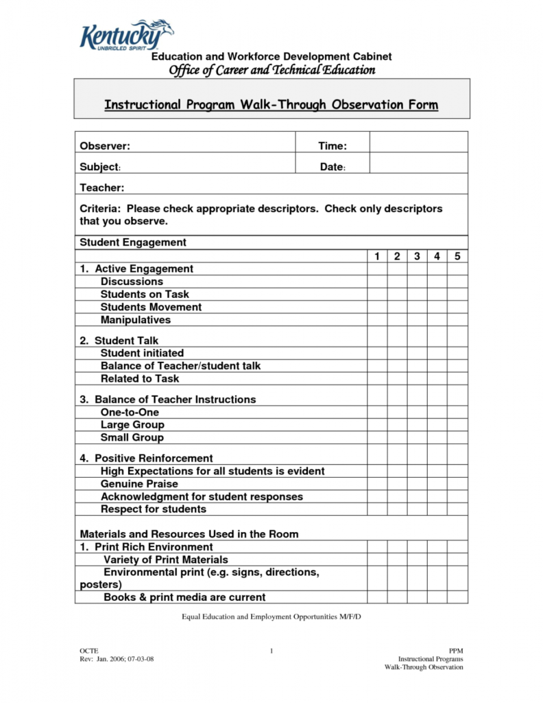 Student Engagement Checklist Template Throughout Observation Checklist Template
