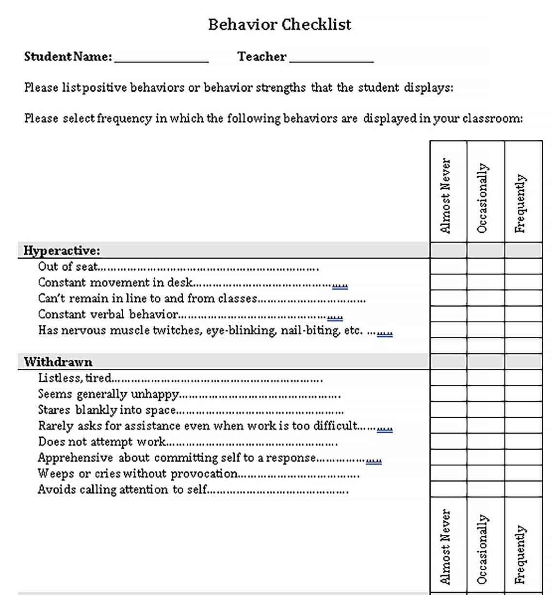 Teacher Checklist Template  Pertaining To Student Behavior Checklist Template With Regard To Student Behavior Checklist Template