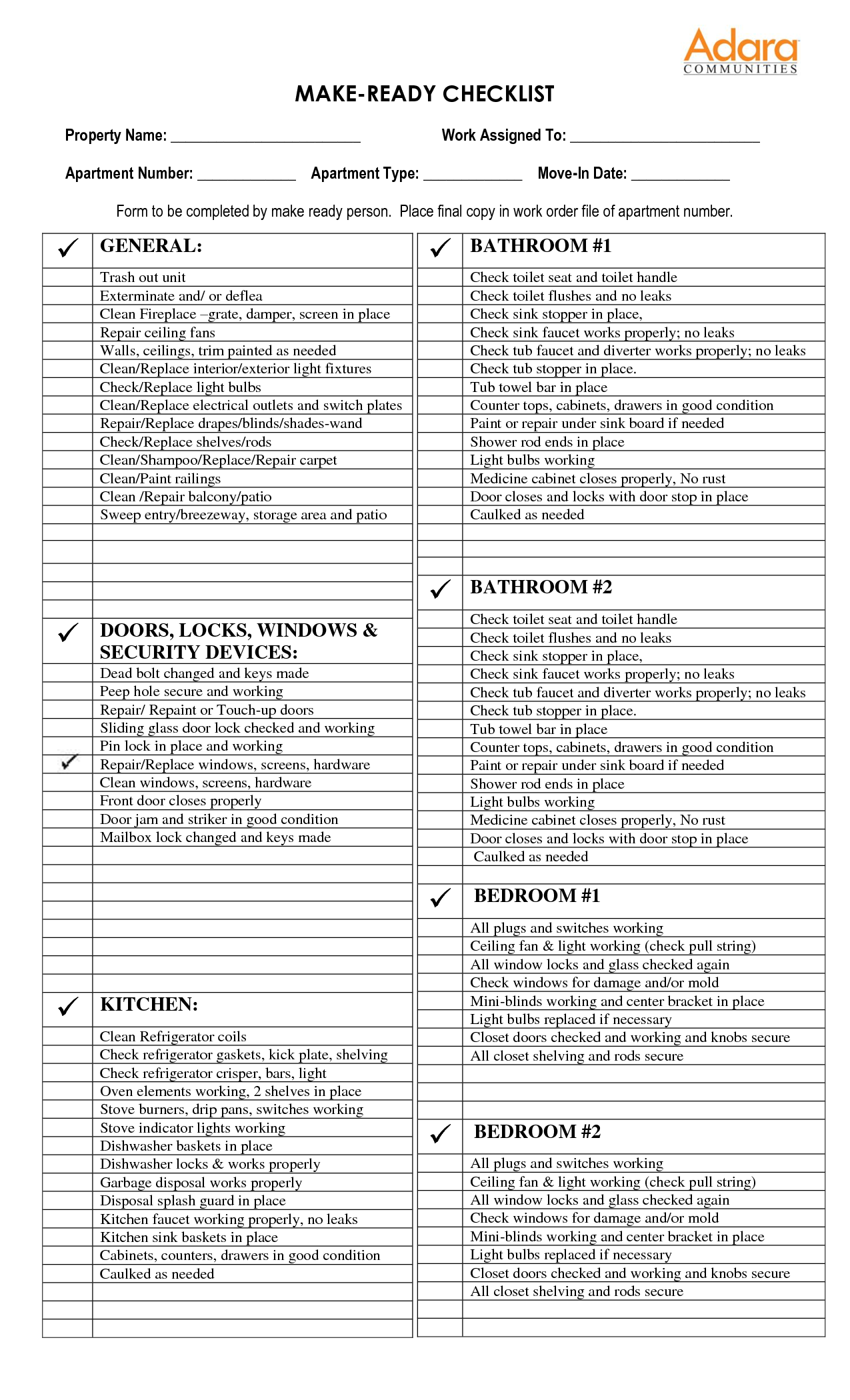 Template: Apartment Checklist Template With Make Ready Checklist Template
