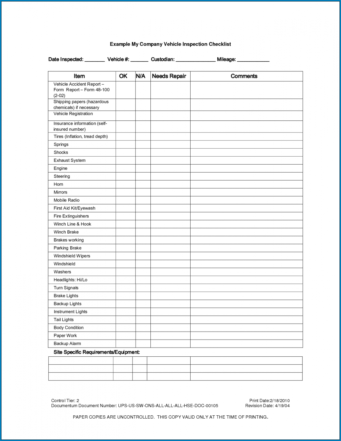 template : Download Vehicle Inspection Checklist Template  Excel  In Truck Maintenance Checklist Template With Truck Maintenance Checklist Template