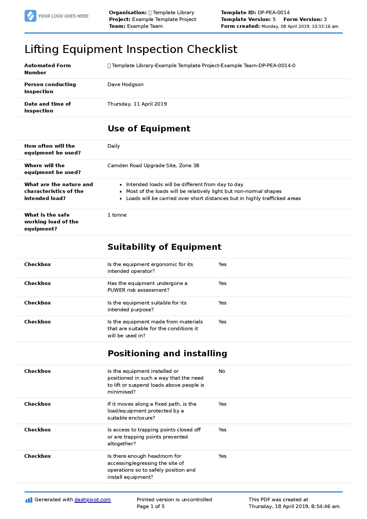 template : Lifting Gear Inspection Checklist (for Better Lifting  Inside Equipment Inspection Checklist Template In Equipment Inspection Checklist Template