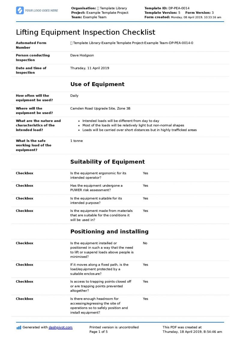 template : Lifting Gear Inspection Checklist (for Better Lifting  Within Daily Equipment Checklist Template With Regard To Daily Equipment Checklist Template