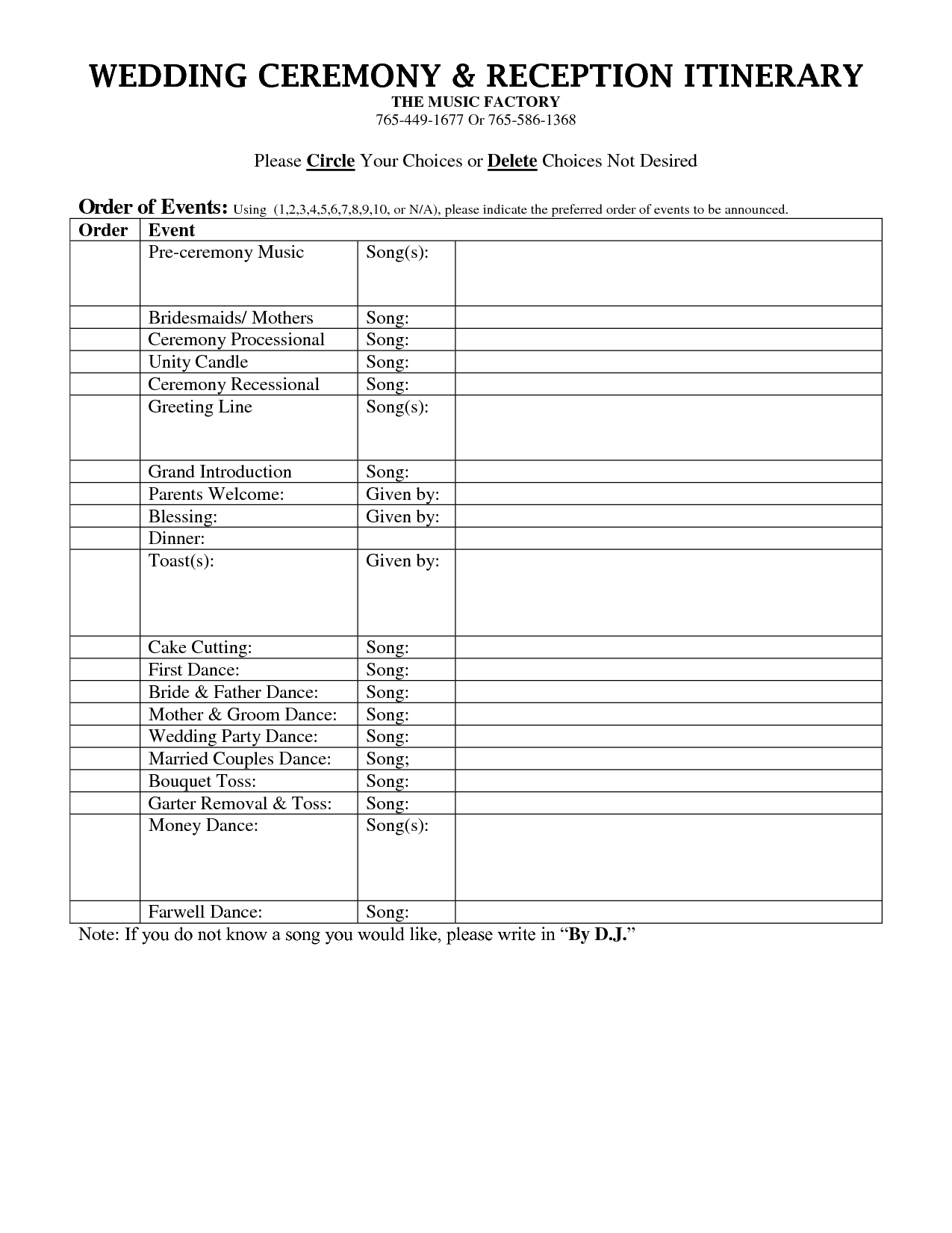 template : Outline For Formal Wedding Itinerary  Wedding Dj  Pertaining To Wedding Dj Checklist Template Pertaining To Wedding Dj Checklist Template