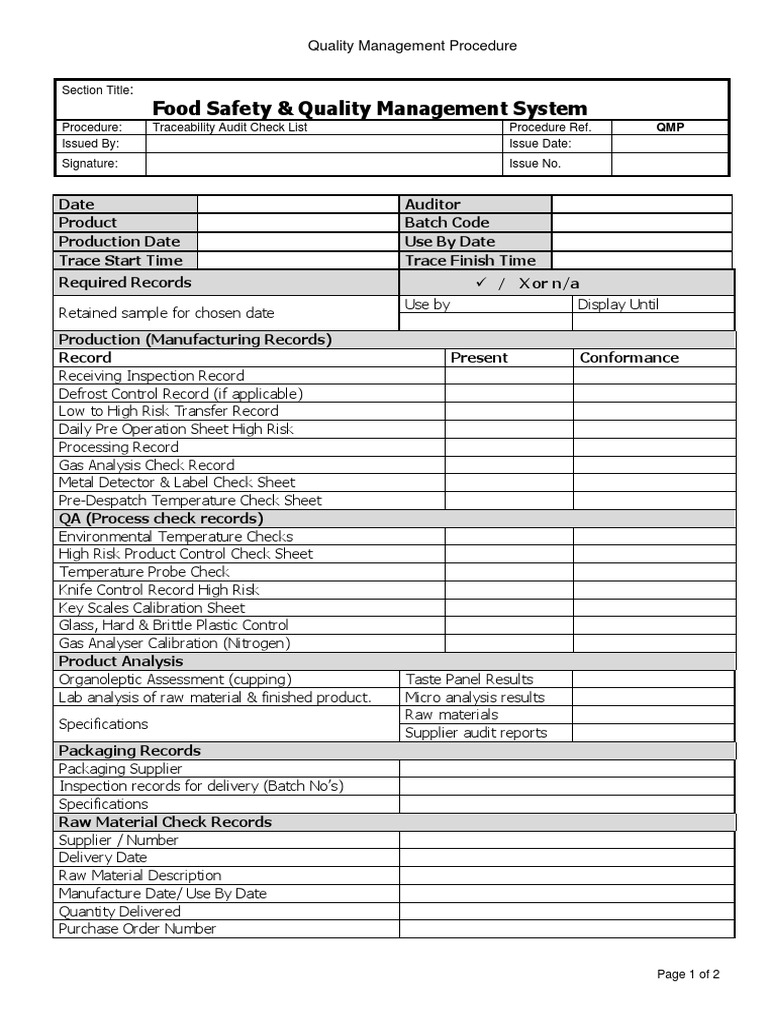 Template - Traceability Audit Checklist (Example) With Regard To Supplier Audit Checklist Template With Supplier Audit Checklist Template