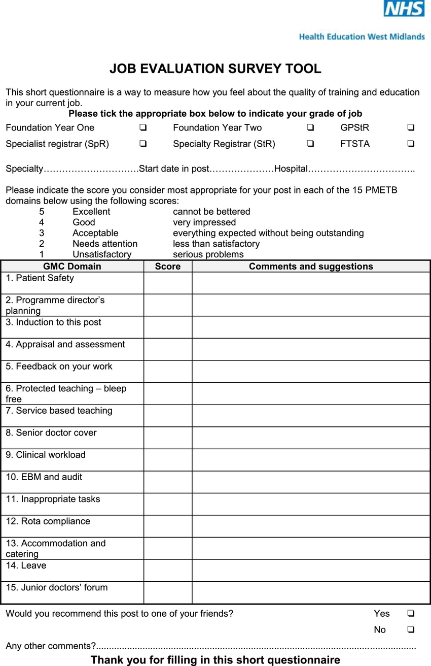 The Job Evaluation Survey tool (JEST) questionnaire Within Job Analysis Questionnaire Template