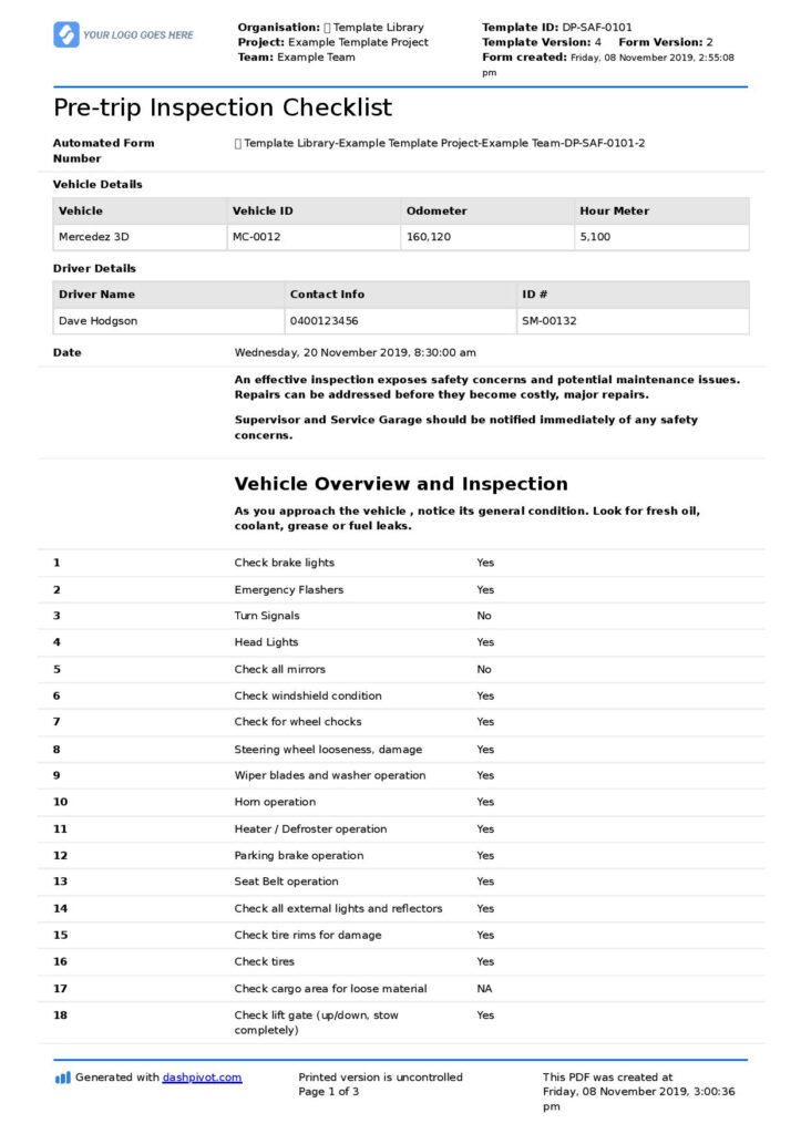 Truck Driver Pre Trip Inspection checklist (Free, editable checklist) With Regard To Truck Maintenance Checklist Template