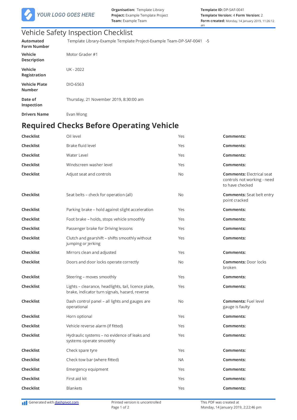 Vehicle Safety Inspection Checklist template - Free and customisable Within Vehicle Safety Inspection Checklist Template For Vehicle Safety Inspection Checklist Template