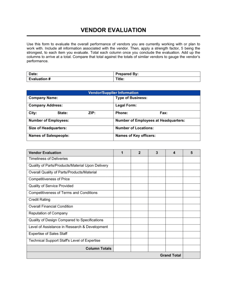 Vendor Evaluation Template  by Business-in-a-Box™ In Vendor Management Checklist Template