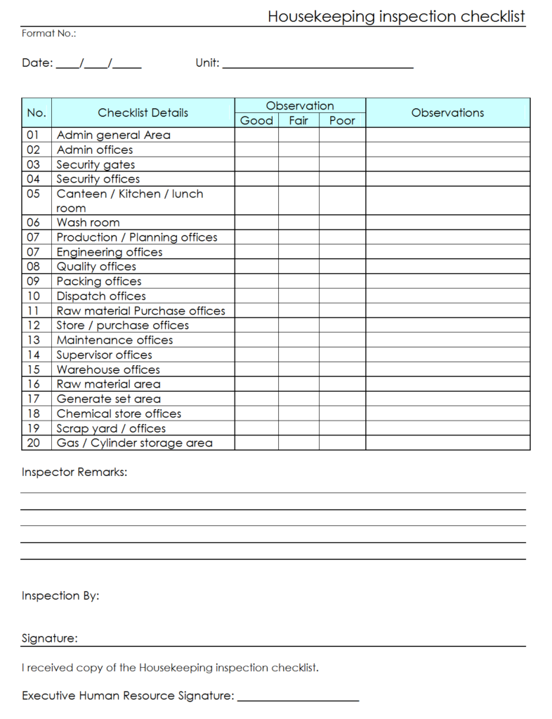 Workplace housekeeping inspection checklist for factory Pertaining To Warehouse Safety Inspection Checklist Template